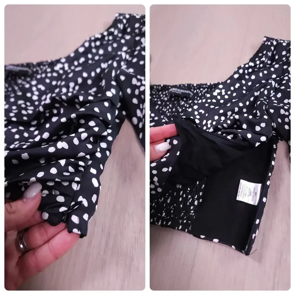 INTHEBEGINNING Los Angeles Puff Sleeve Polka Dot Crop Top – Black/White, Size S - Picture 10 of 12